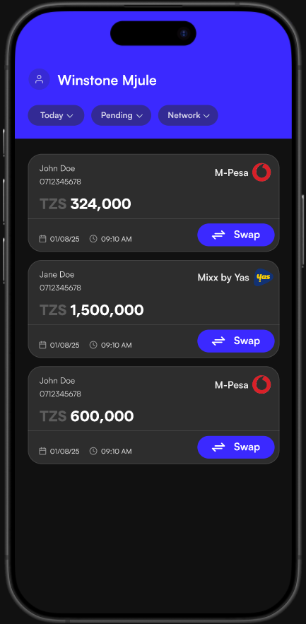 FloatPesa transaction history screen showing pending swaps.